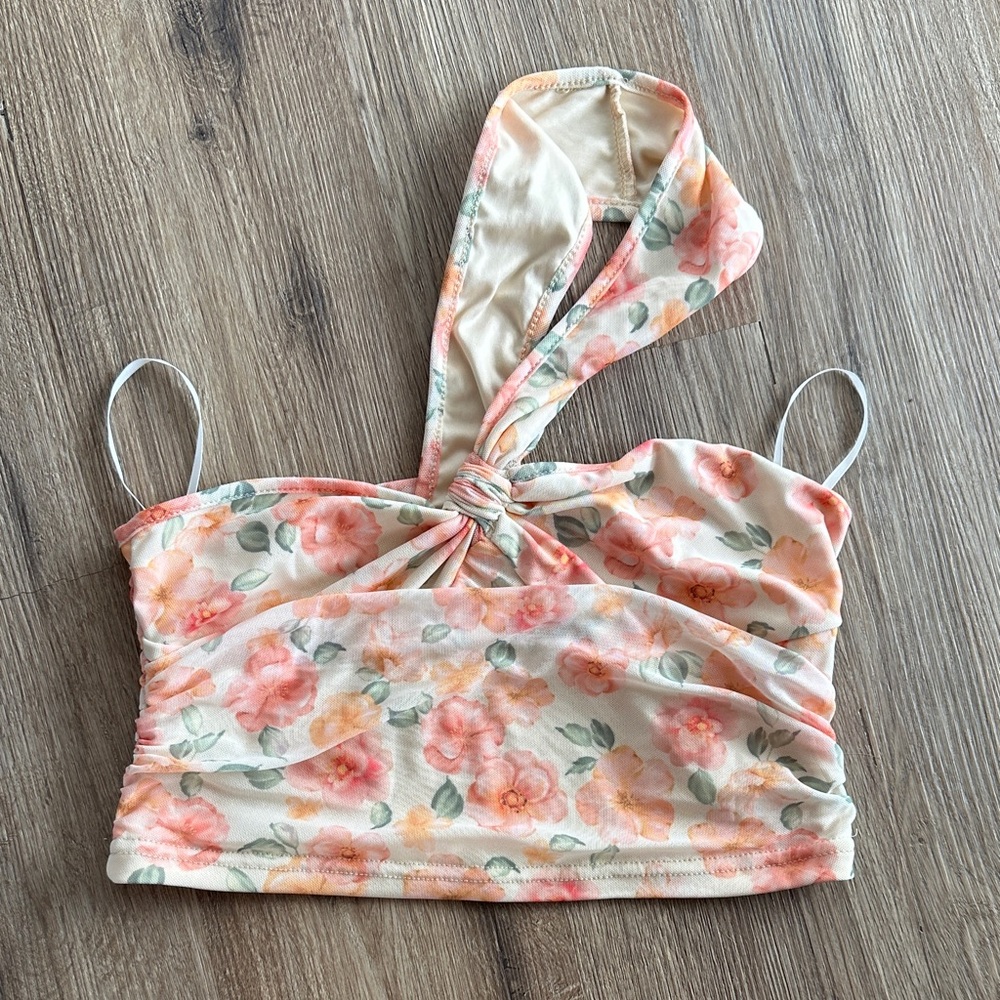 SHEIN Floral Knot-Front Tank Top in Cream and Pink